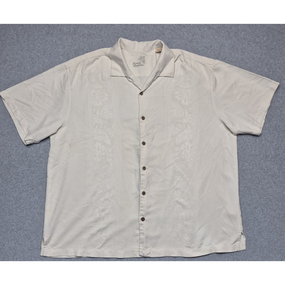 Tommy Bahama Shirt Men XXL Beige Camp Collar 100% Silk Button-Up Embroidered